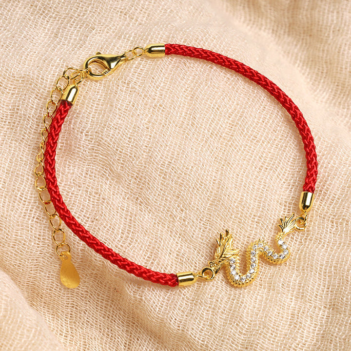 925 Sterling Silver Year Of The Dragon Auspicious Golden Dragon Luck Red Rope Chain Bracelet