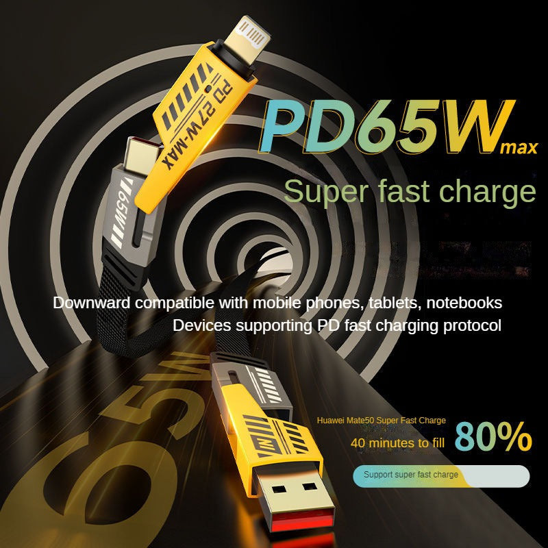 Yellow Mecha 4-in-1 Data Cable - Dual Fast Charging, 2-in-2 PD 27W Super Fast Charge, Multi-Function Switch, Available in 1m, 1.5m, and 2m Lengths