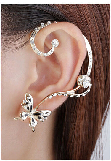 Fan-shaped crystal angel wings butterfly eagle bird crescent pearl lizard design ear clip ear hook creative earrings