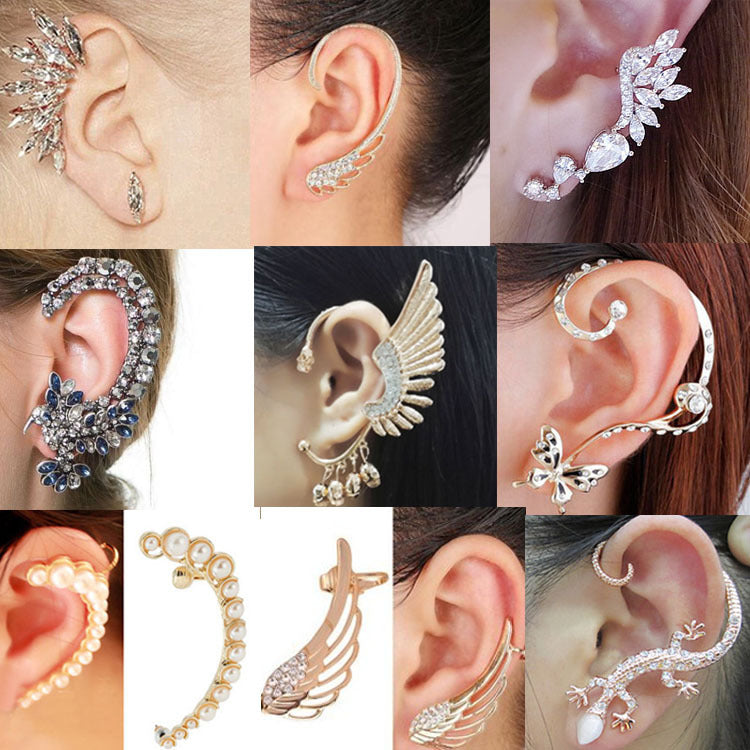 Fan-shaped crystal angel wings butterfly eagle bird crescent pearl lizard design ear clip ear hook creative earrings