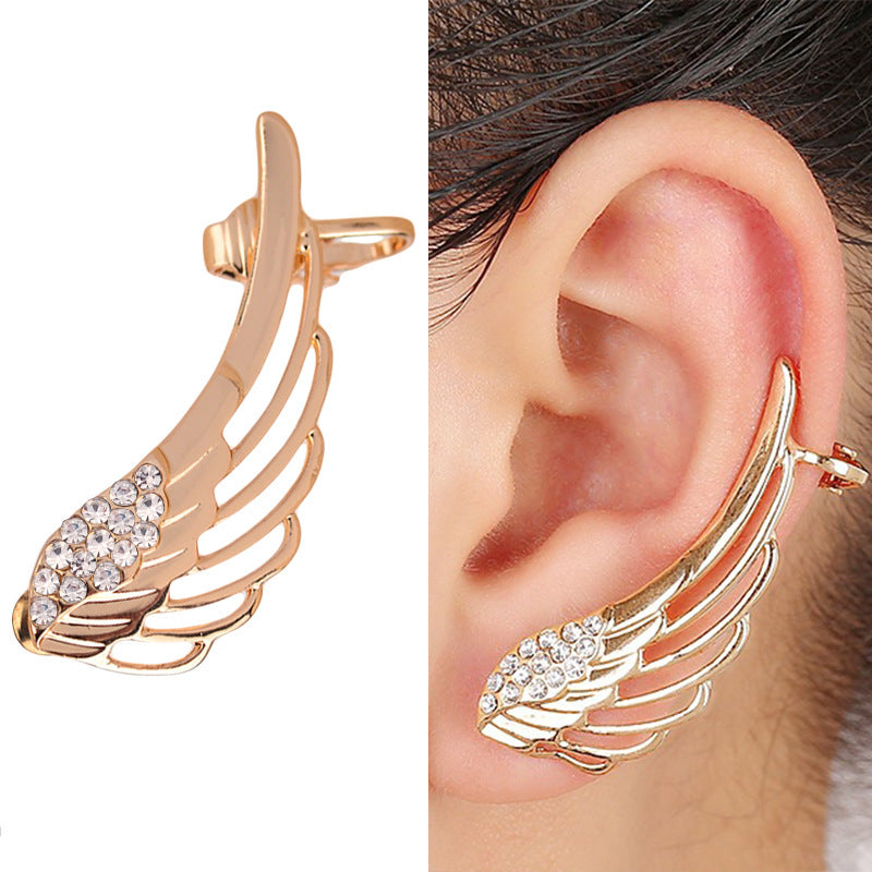 Fan-shaped crystal angel wings butterfly eagle bird crescent pearl lizard design ear clip ear hook creative earrings