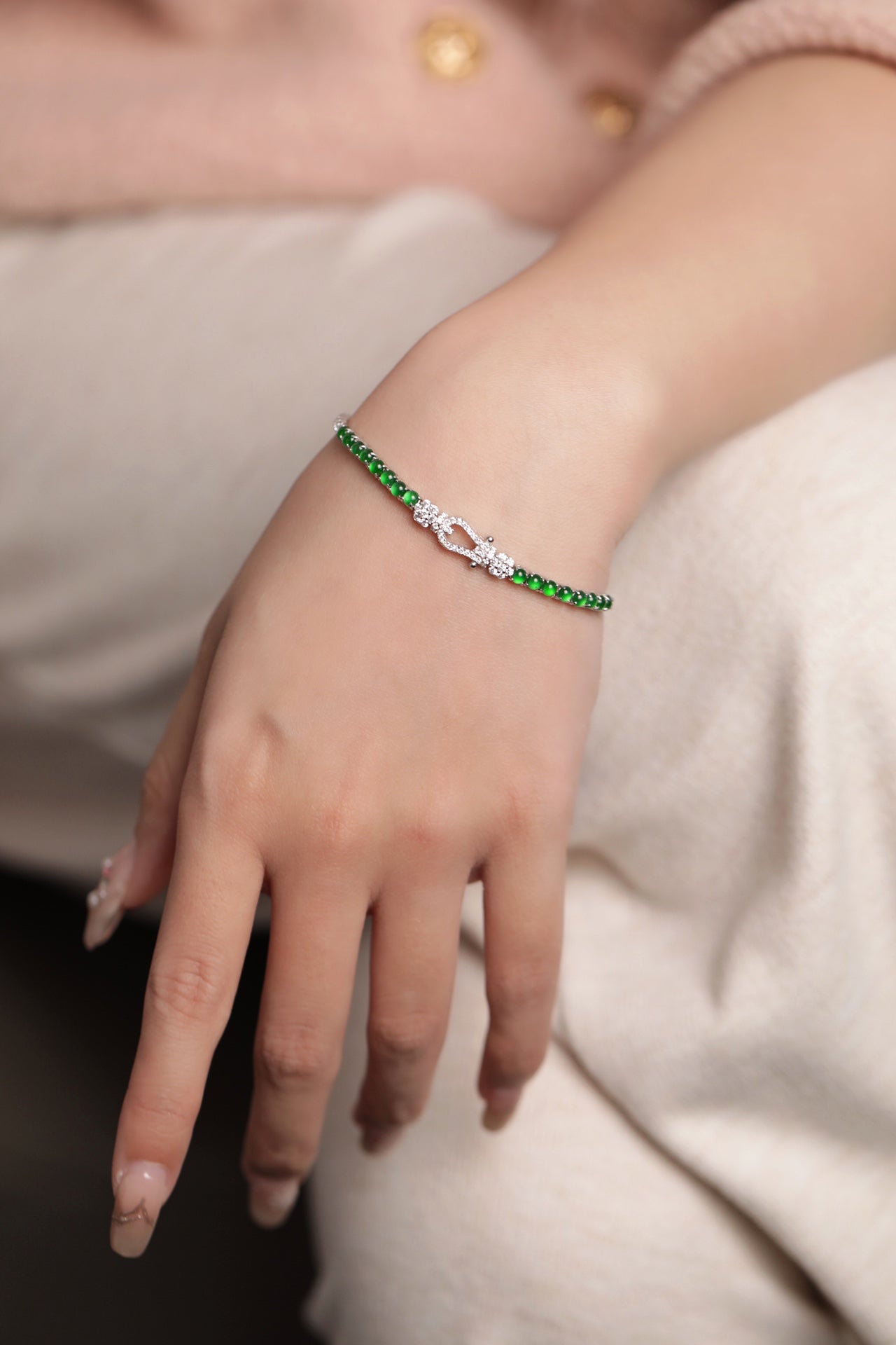 Heart Link Bracelet S925 silver jadeite