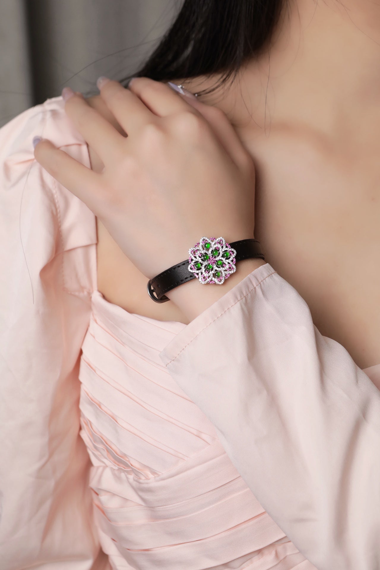 Flower Wristband S925 Silver Jade