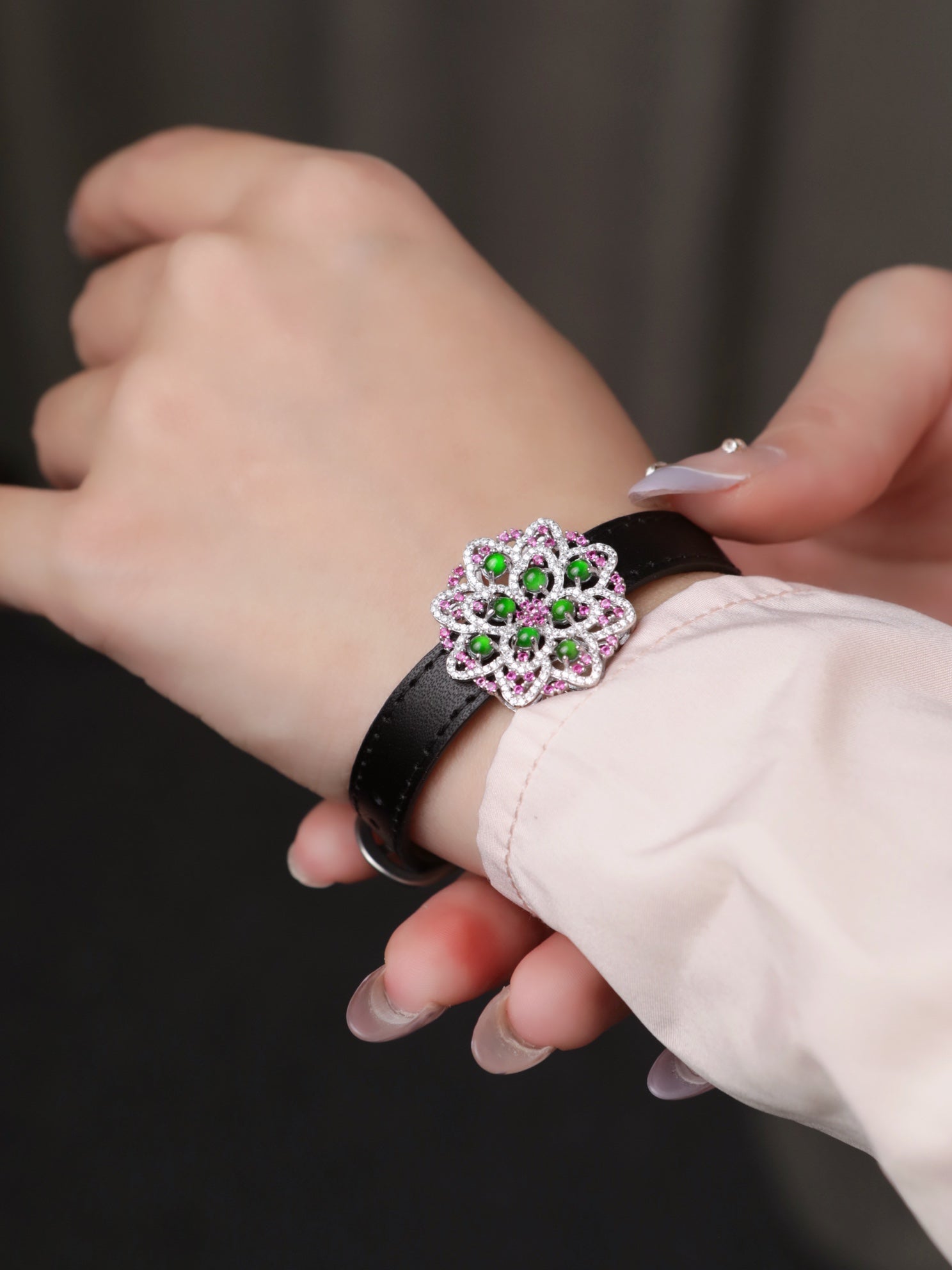 Flower Wristband S925 Silver Jade