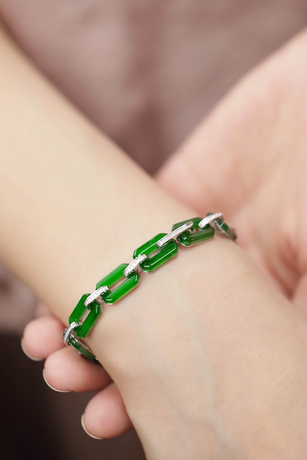 S925 Sterling Silver Square Emerald Jade Bracelet 180mm