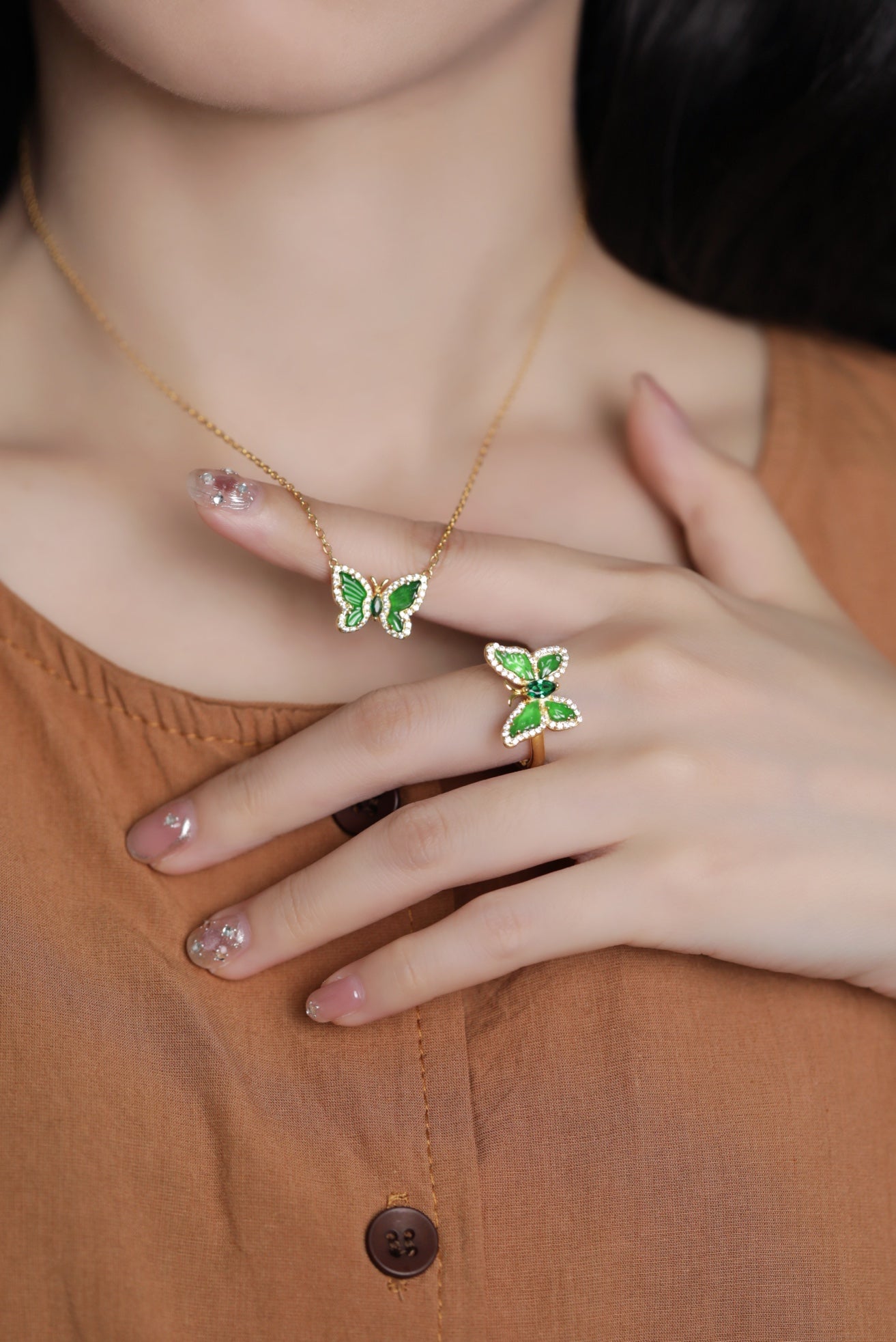 Butterfly Ring-Necklace S925 Silver Jade