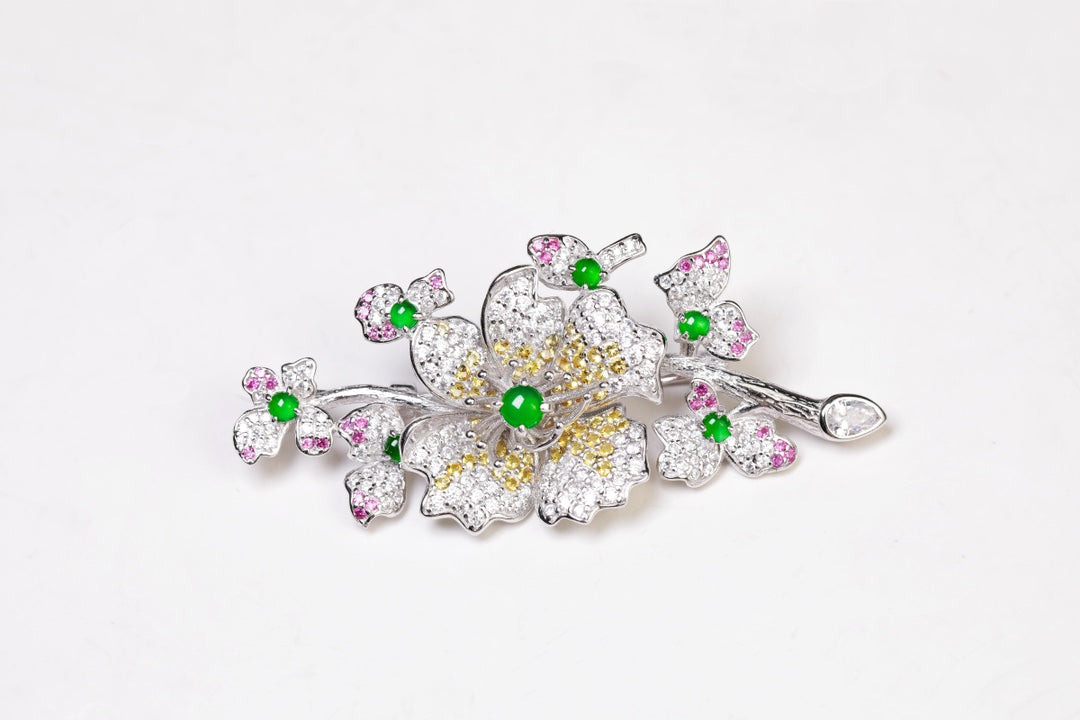 Flower Brooch S925 Silver Jade