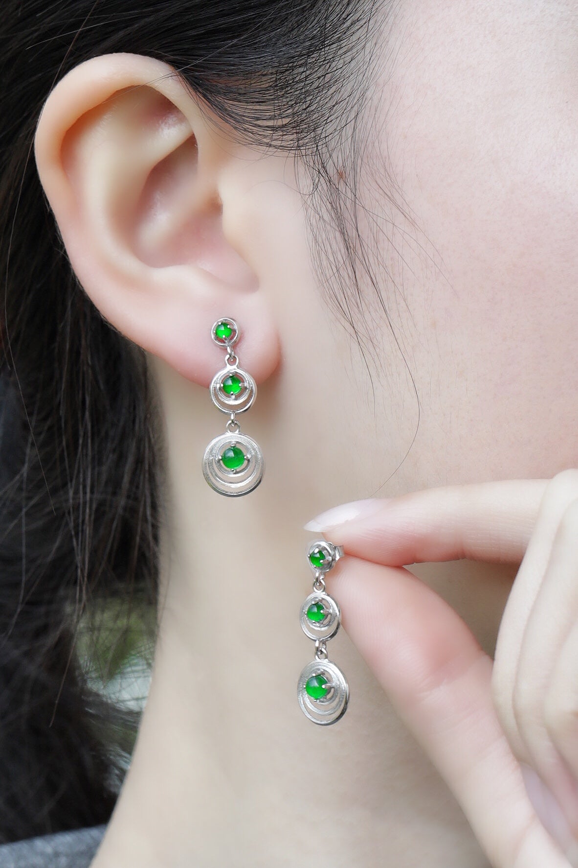 Three-circle earrings S925 silver jade