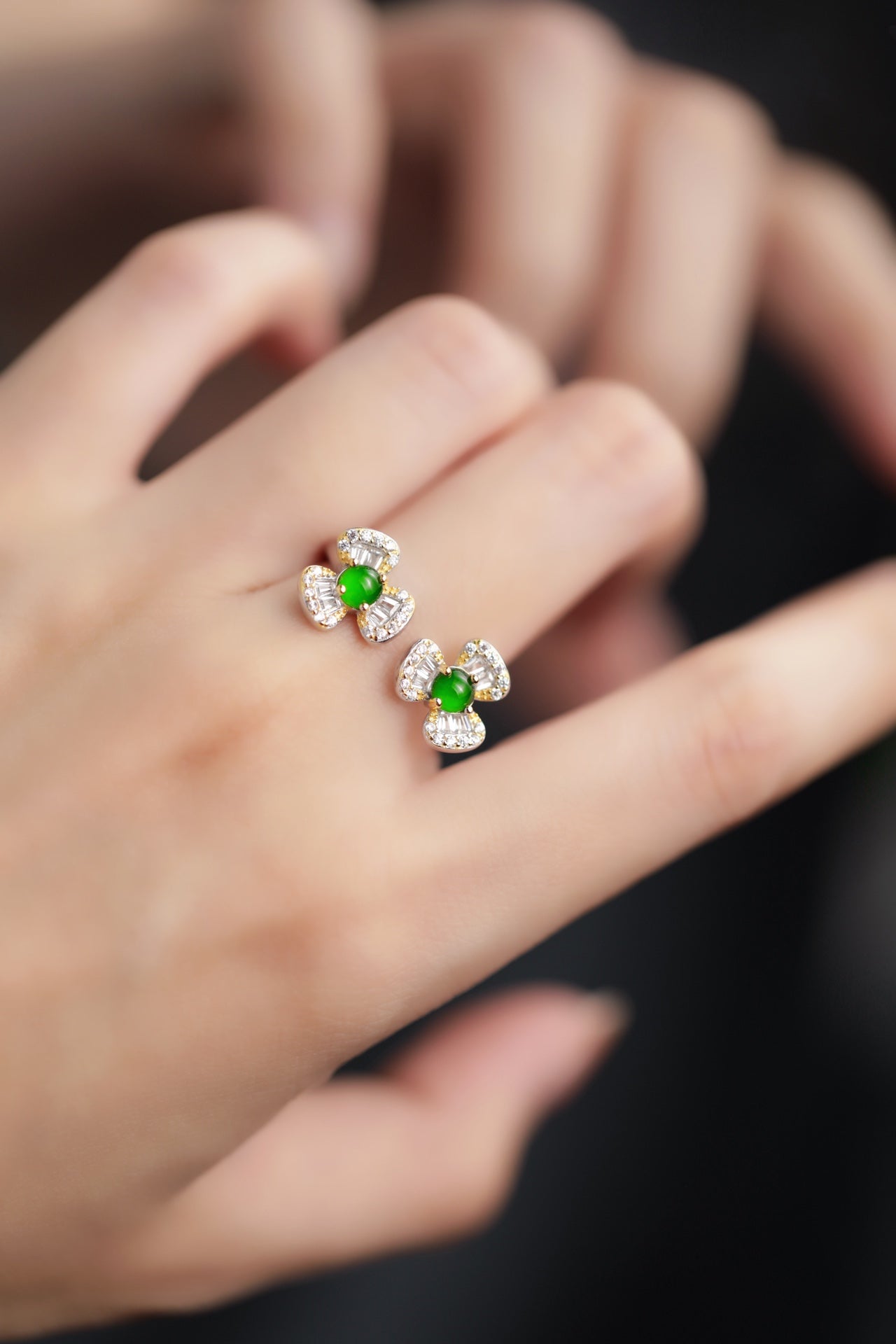 Twin Flower Ring S925 Silver Jade