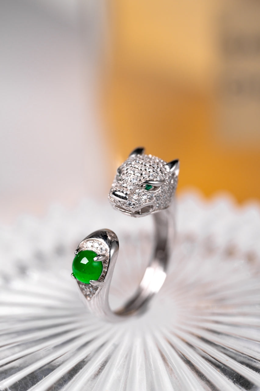 Panther head ring S925 silver jadeite