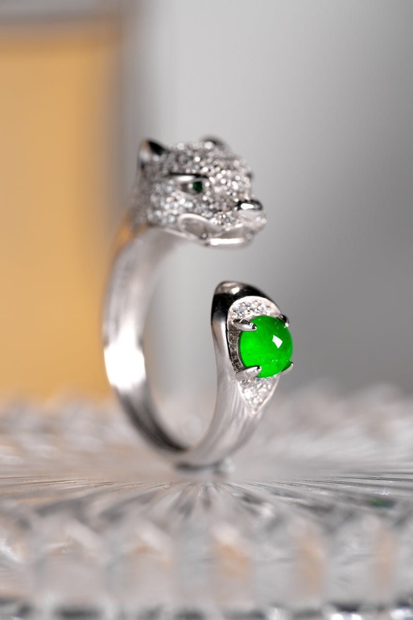 Panther head ring S925 silver jadeite