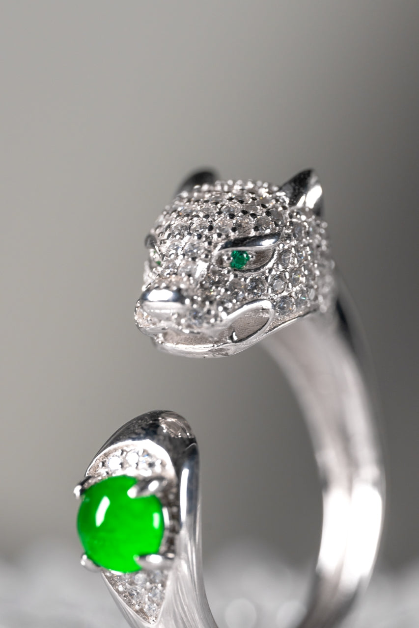 Panther head ring S925 silver jadeite