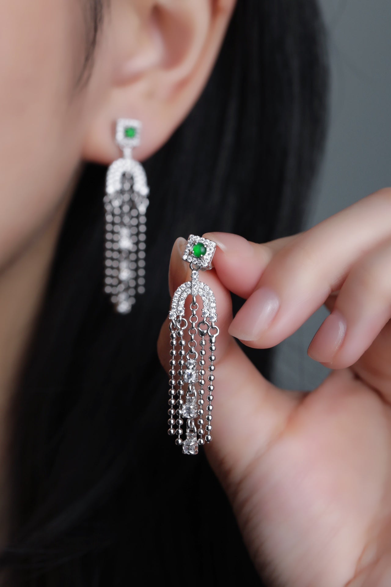 Temperament tassel earrings S925 silver jade