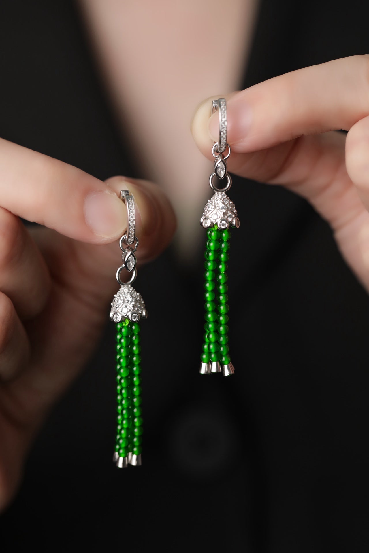 S925 Sterling Silver Earrings with 13 Jade Gemstones - Four-Strand Design