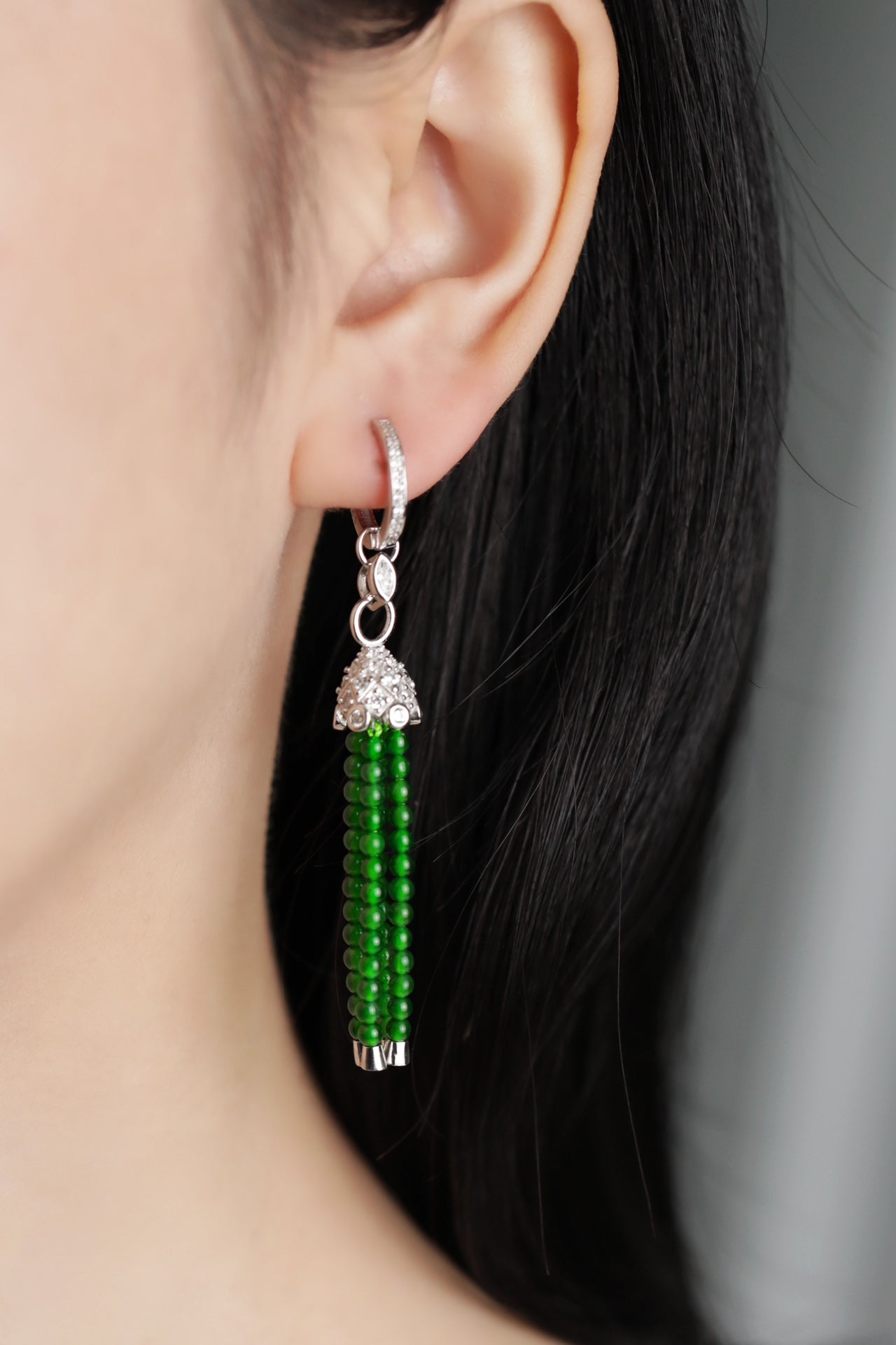 S925 Sterling Silver Earrings with 13 Jade Gemstones - Four-Strand Design