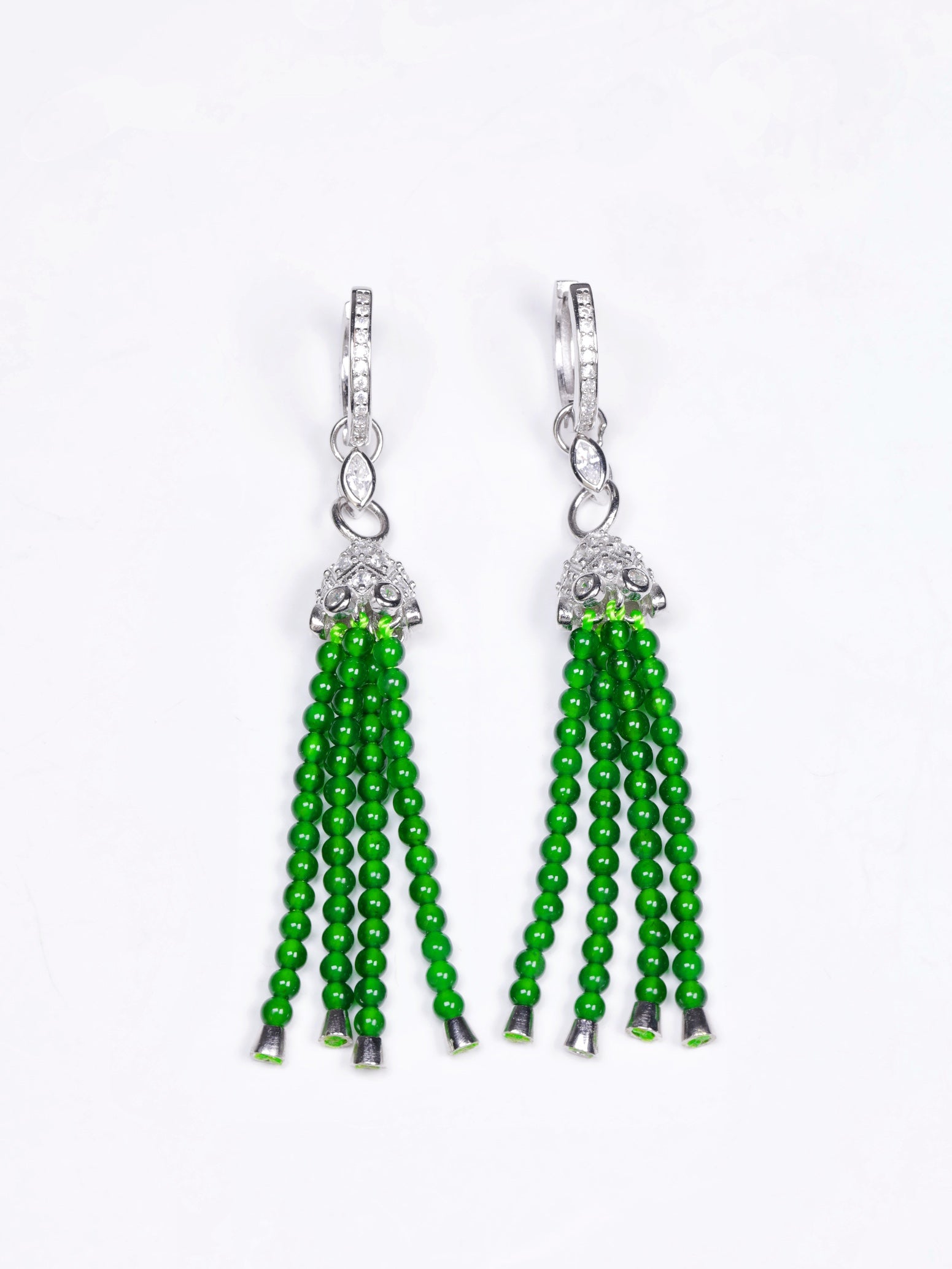 S925 Sterling Silver Earrings with 13 Jade Gemstones - Four-Strand Design