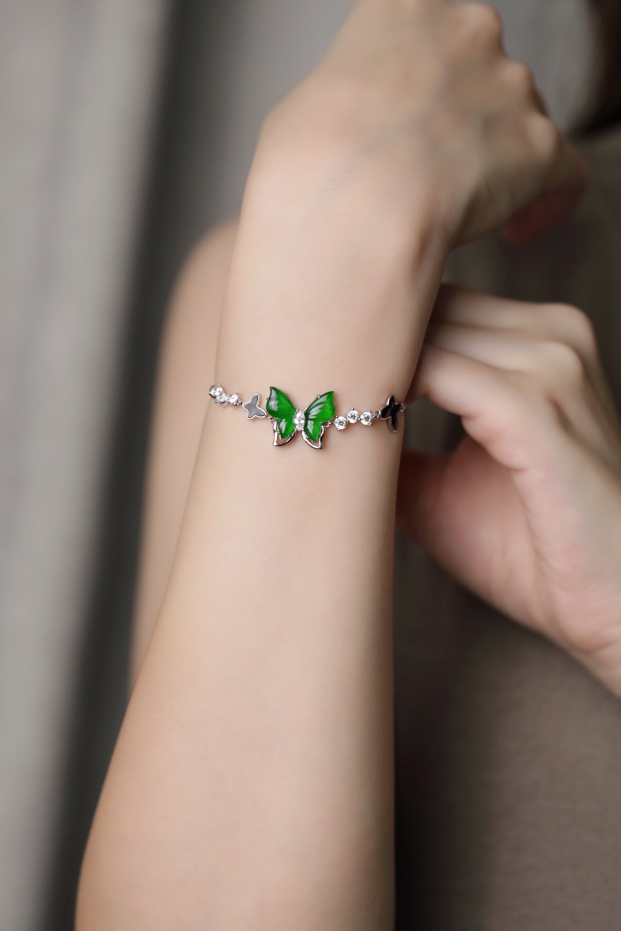 Flower Butterfly Feather Bracelet S925 Silver Jade