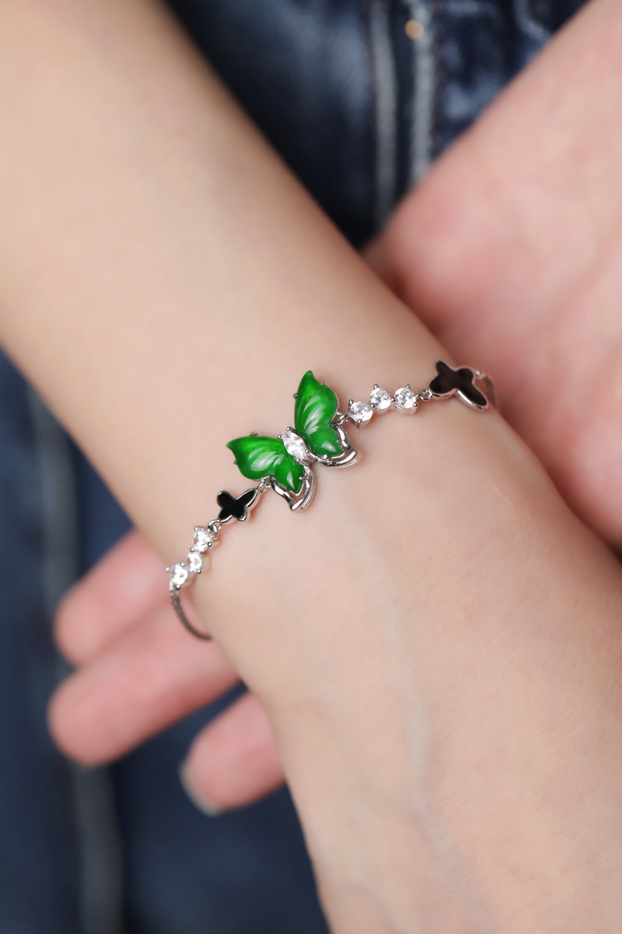 Flower Butterfly Feather Bracelet S925 Silver Jade