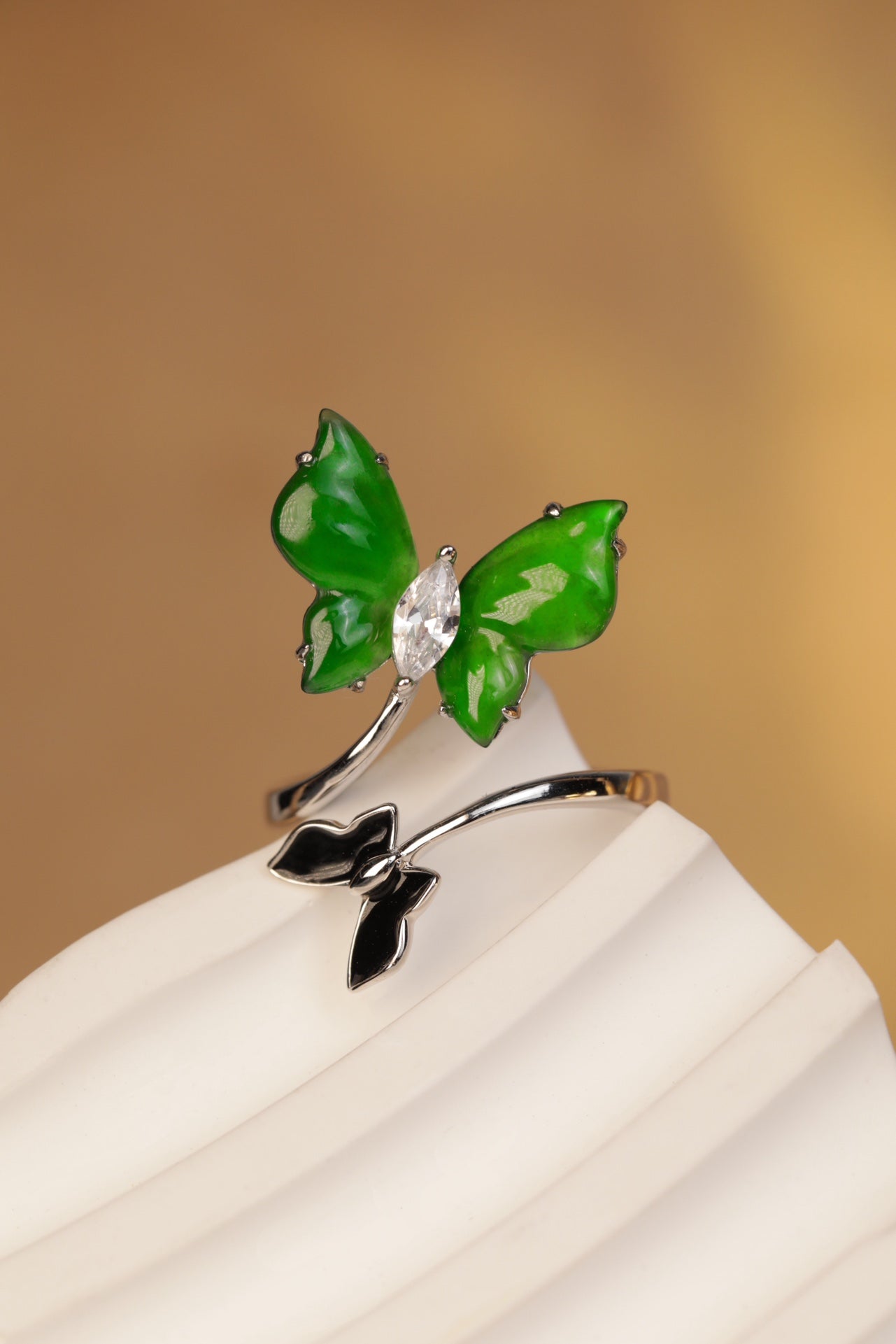 Flower Butterfly Feather Ring S925 Silver Jade