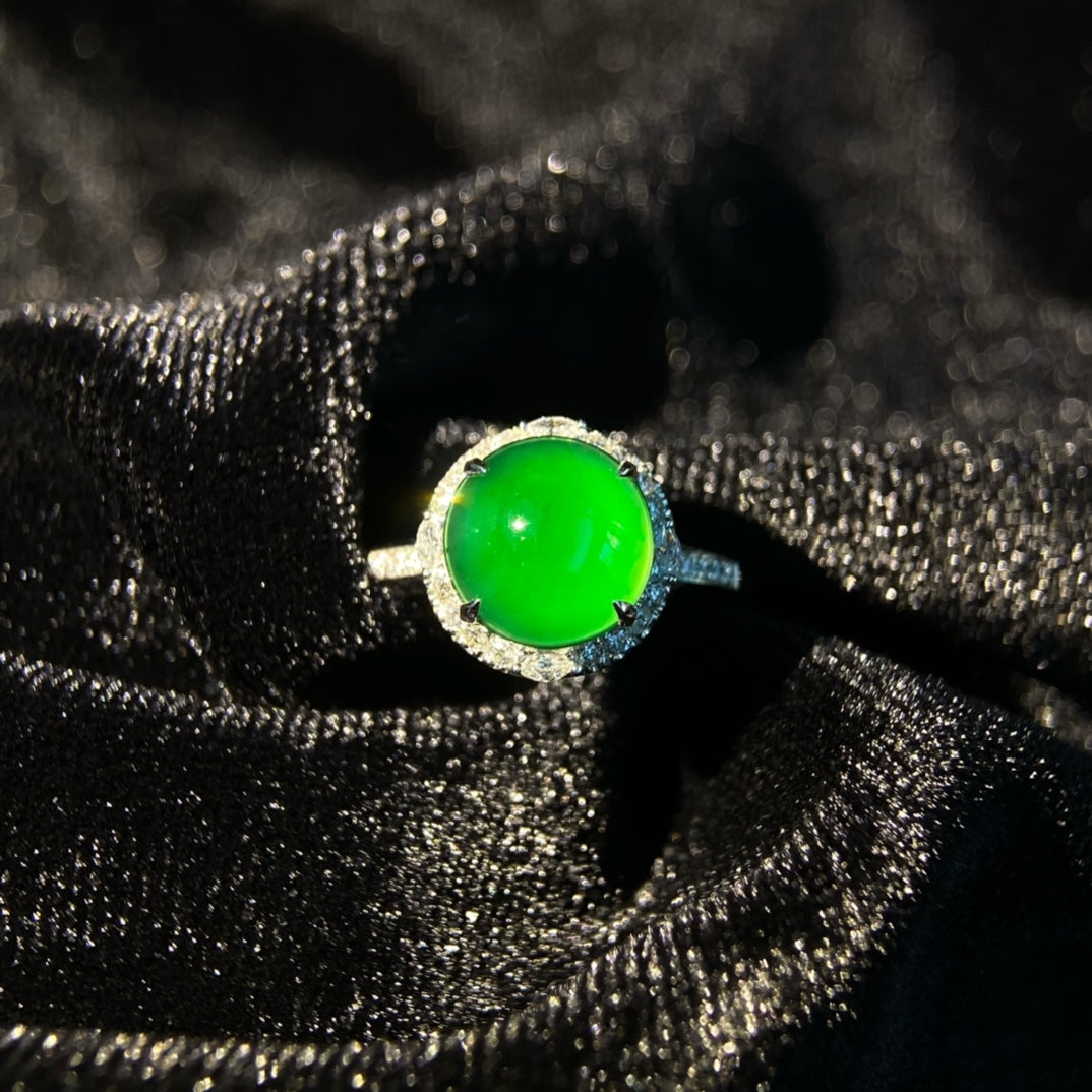 18K South African Diamond Cabochon Ring Jade