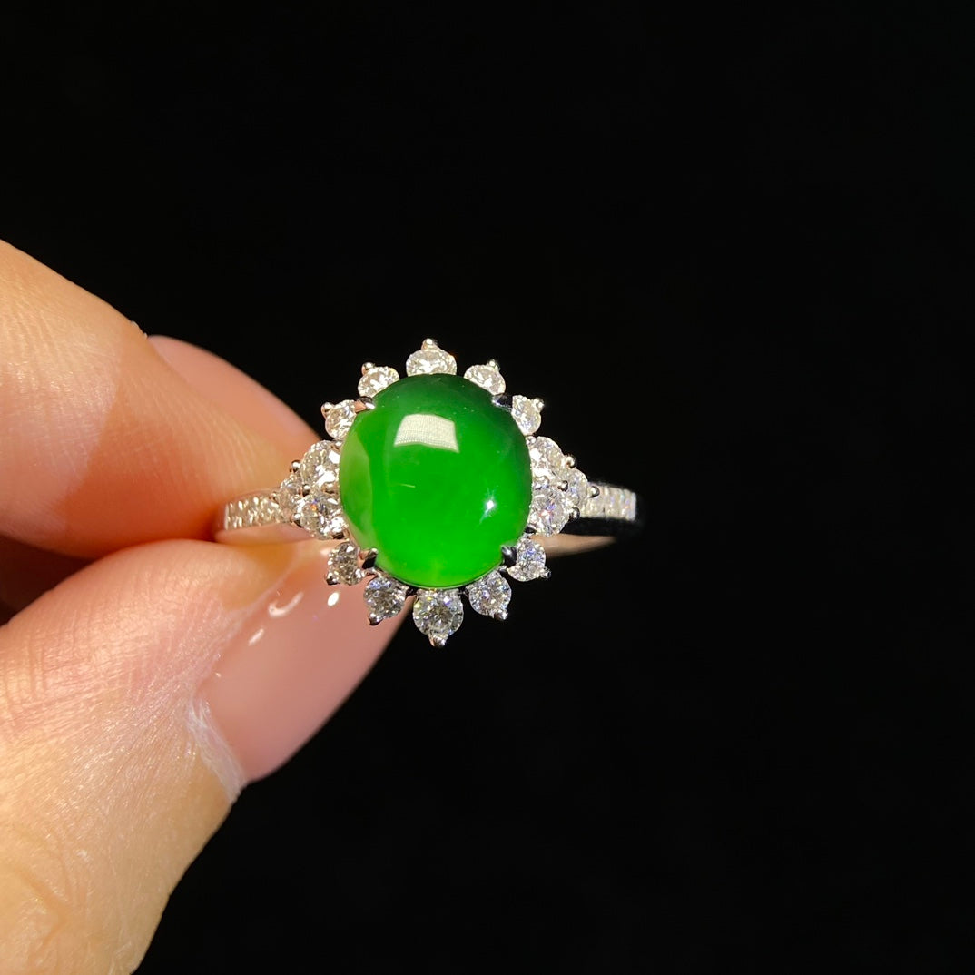 18K South African Diamond Cabochon Ring Jade