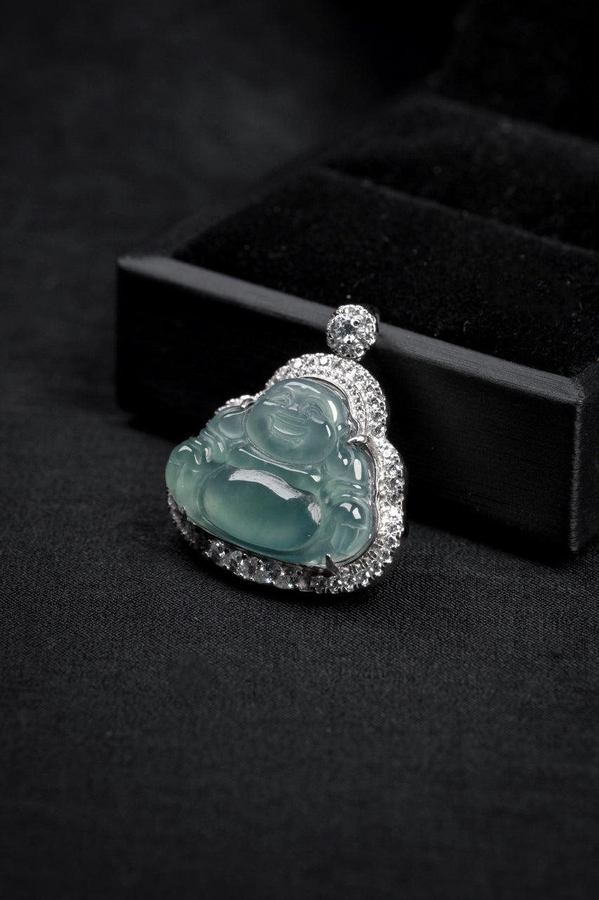 Diamond-Set Ice Jade Buddha Pendant Necklace