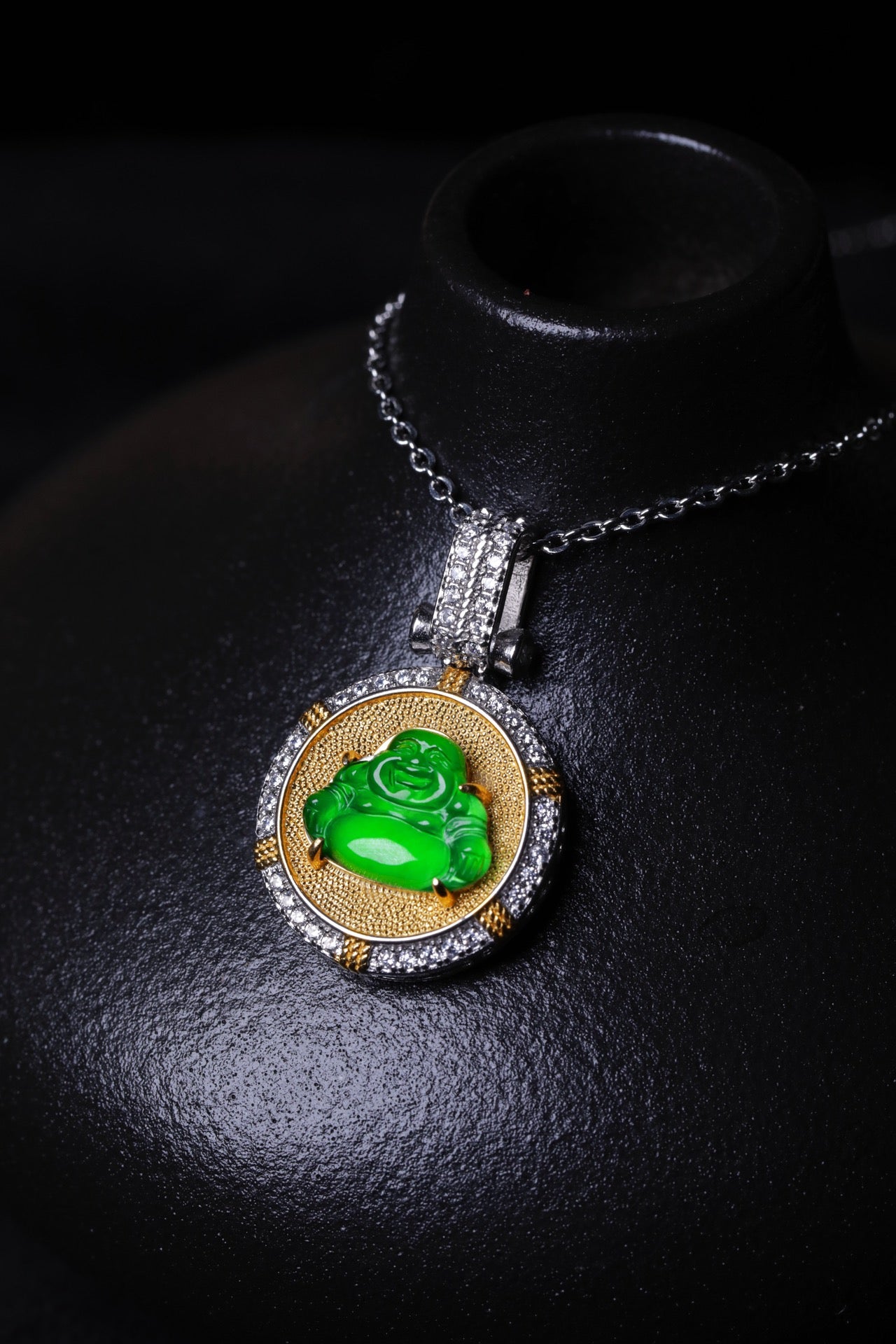 Diamond-Set Round Buddha Pendant Necklace