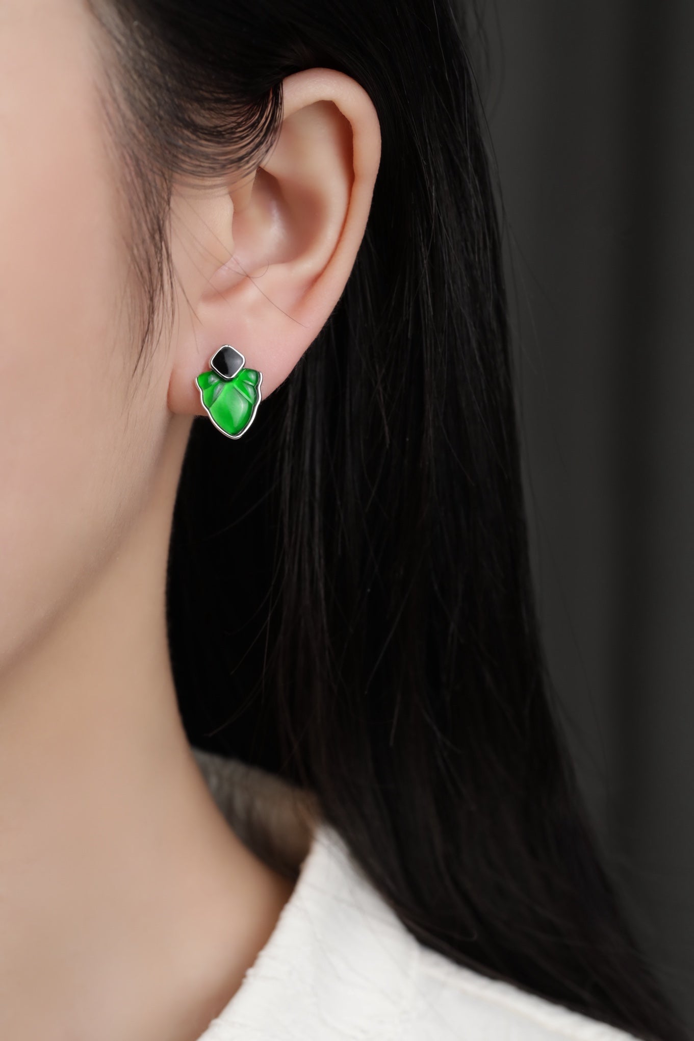 Obsidian Lotus Leaf Jade Stud Earrings