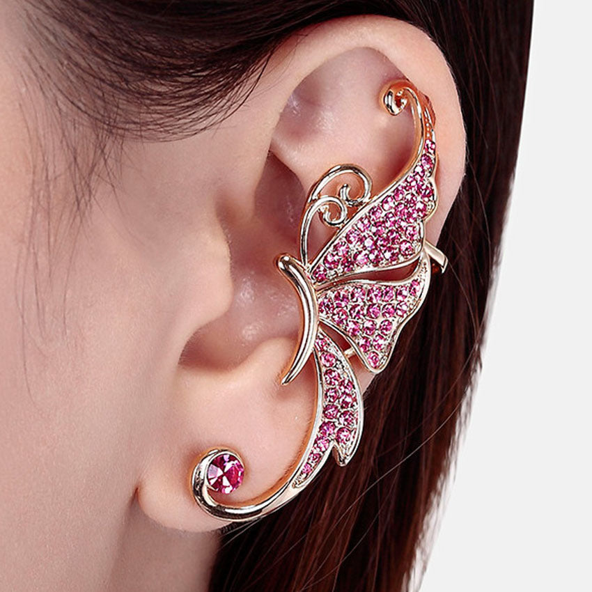 Fan-shaped crystal angel wings butterfly eagle bird crescent pearl lizard design ear clip ear hook creative earrings