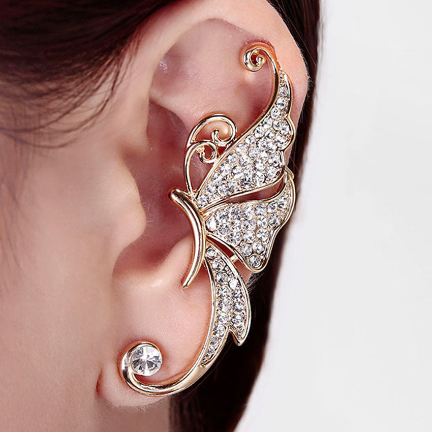 Fan-shaped crystal angel wings butterfly eagle bird crescent pearl lizard design ear clip ear hook creative earrings