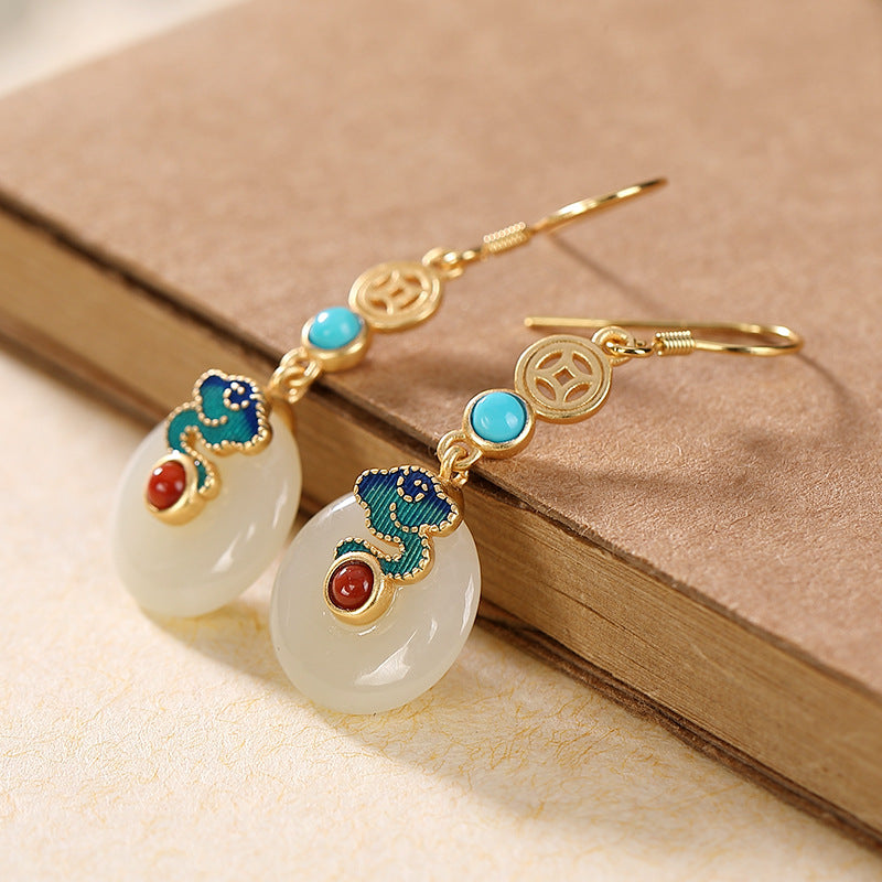 S925 Sterling Silver Gold-Plated Cloisonné Enamel, Hetian White Jade, and Pearl Jewelry Set - Earrings, Ring, and Pendant