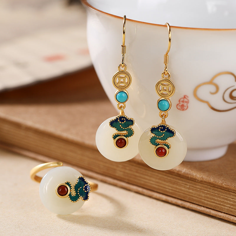 S925 Sterling Silver Gold-Plated Cloisonné Enamel, Hetian White Jade, and Pearl Jewelry Set - Earrings, Ring, and Pendant