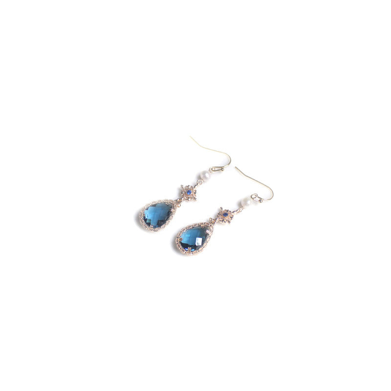 Faceted blue teardrop earrings three-dimensional lace Chinese style elegant earrings