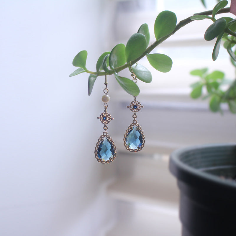 Faceted blue teardrop earrings three-dimensional lace Chinese style elegant earrings