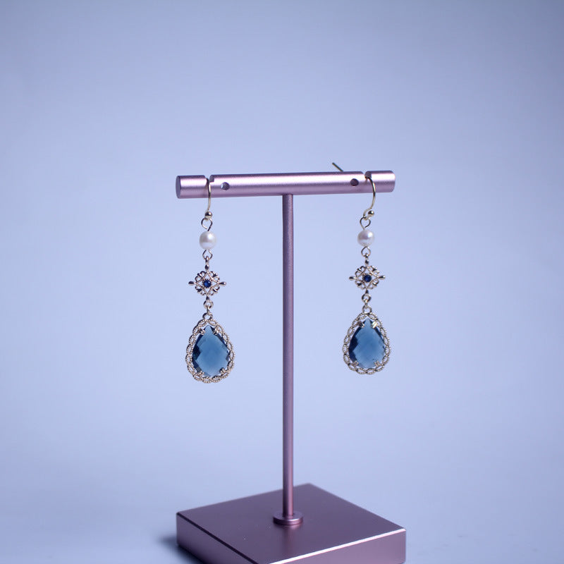 Faceted blue teardrop earrings three-dimensional lace Chinese style elegant earrings