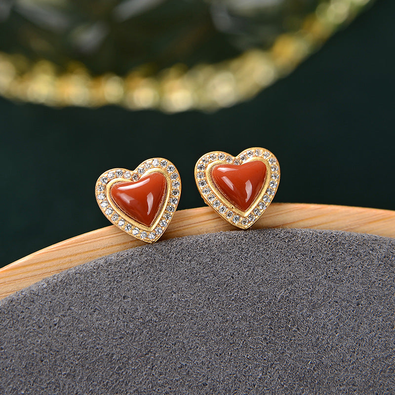 S925 sterling silver gold-plated red agate heart-shaped earrings  Retro classic small personality women's earrings