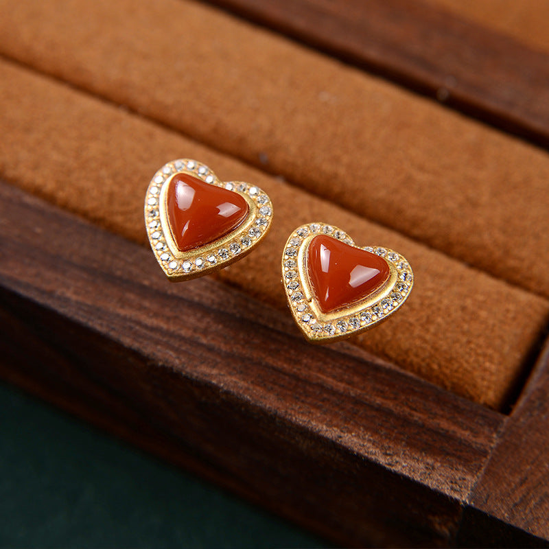 S925 sterling silver gold-plated red agate heart-shaped earrings  Retro classic small personality women's earrings