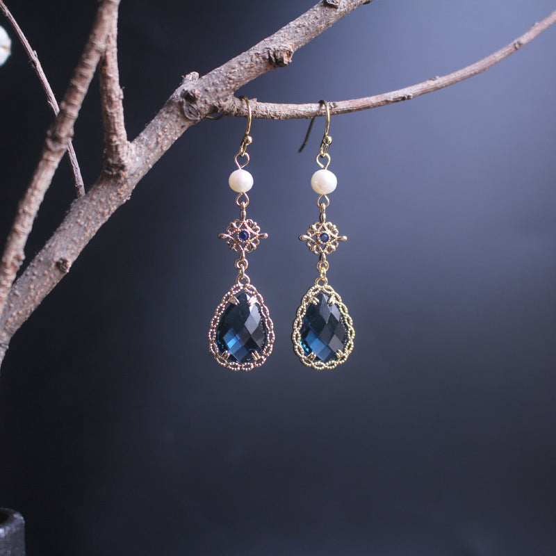 Faceted blue teardrop earrings three-dimensional lace Chinese style elegant earrings