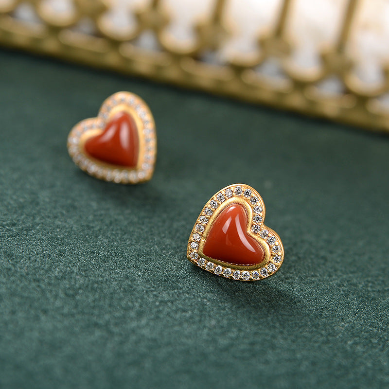 S925 sterling silver gold-plated red agate heart-shaped earrings  Retro classic small personality women's earrings