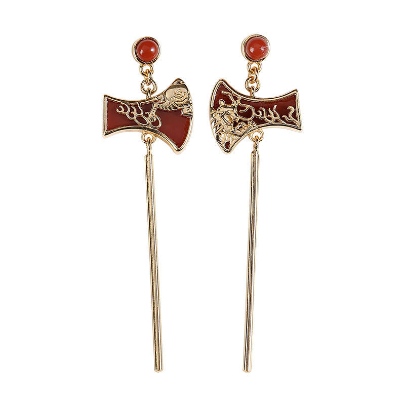 S925 sterling silver gold-plated southern red agate retro tiger axe long earrings