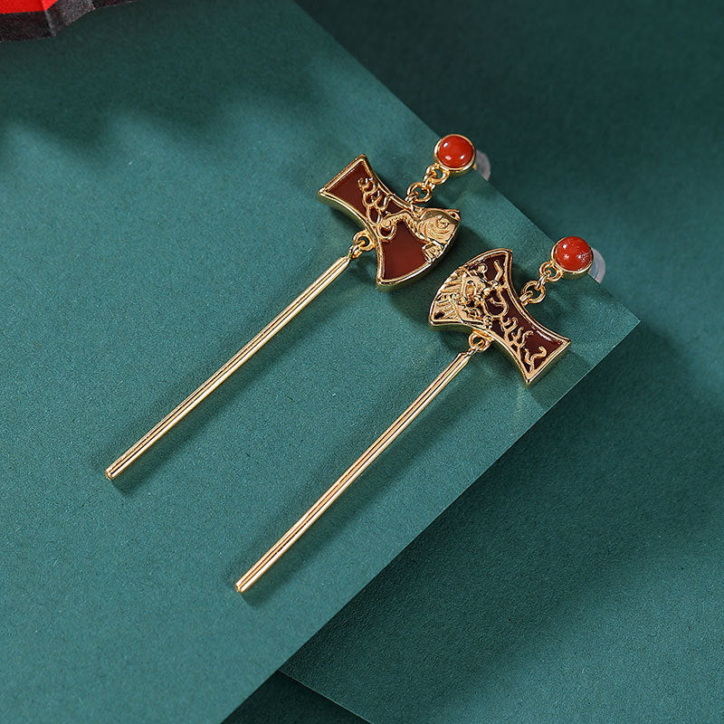 S925 sterling silver gold-plated southern red agate retro tiger axe long earrings