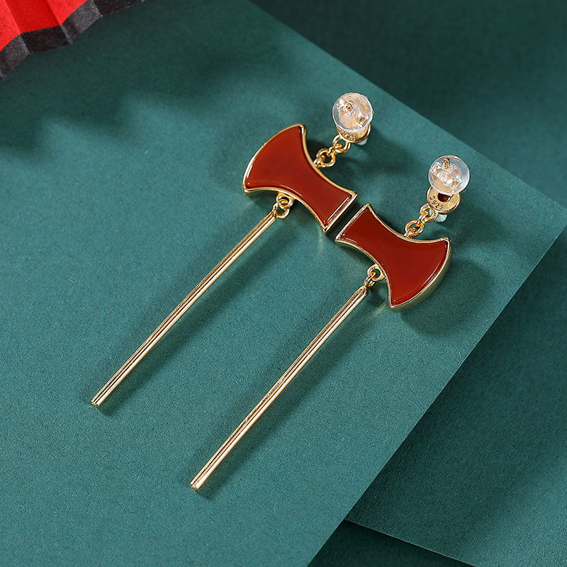 S925 sterling silver gold-plated southern red agate retro tiger axe long earrings