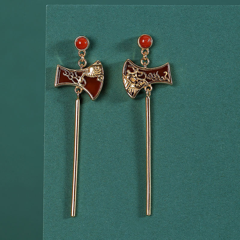 S925 sterling silver gold-plated southern red agate retro tiger axe long earrings