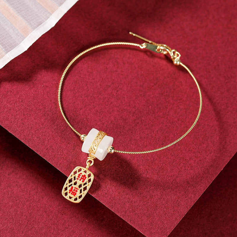 S925 sterling silver gold-plated Hetian jade white jade Ruyi bracelet | Retro temperament ladies auspicious blessing bracelet