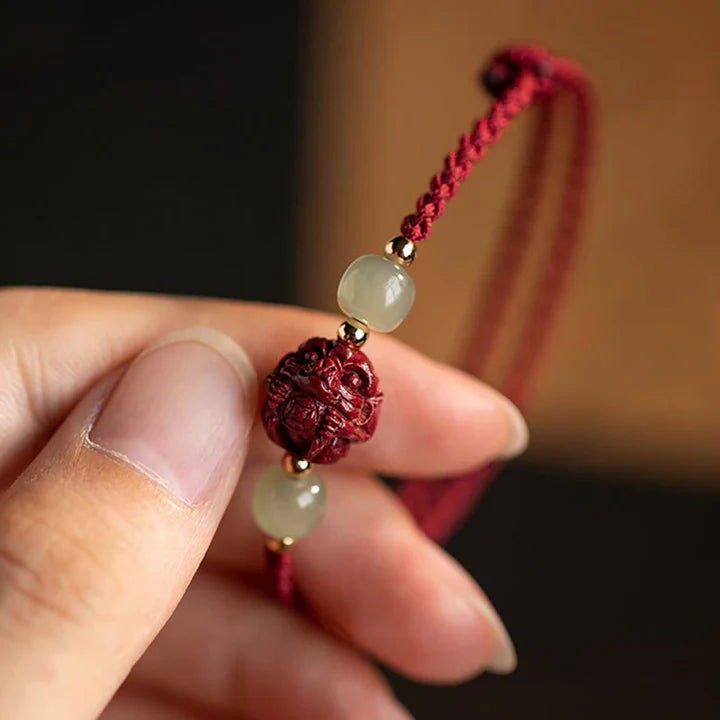 Natural Cinnabar Chinese Zodiac Hetian Jade Fu Character Luck Rope Bracelet