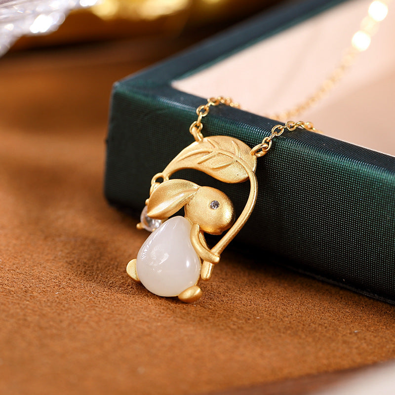 S925 sterling silver gold-plated natural Hetian jade white jade rabbit leaf ladies clavicle necklace  cute necklace set