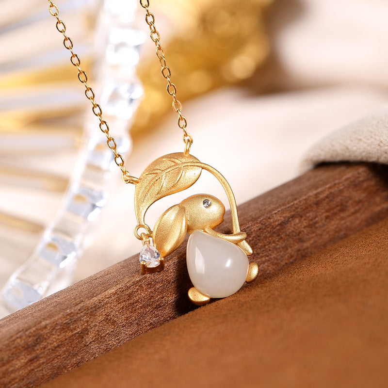 S925 sterling silver gold-plated natural Hetian jade white jade rabbit leaf ladies clavicle necklace  cute necklace set