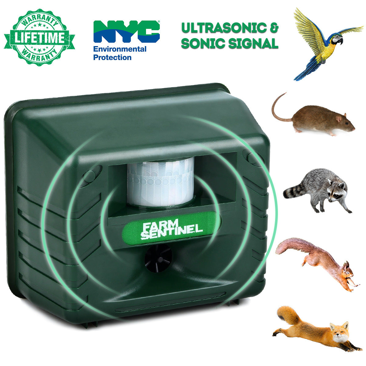 Ultrasonic Animal Repeller - Alarm Sound & Flashing Light, Outdoor Bird and Rodent Deterrent