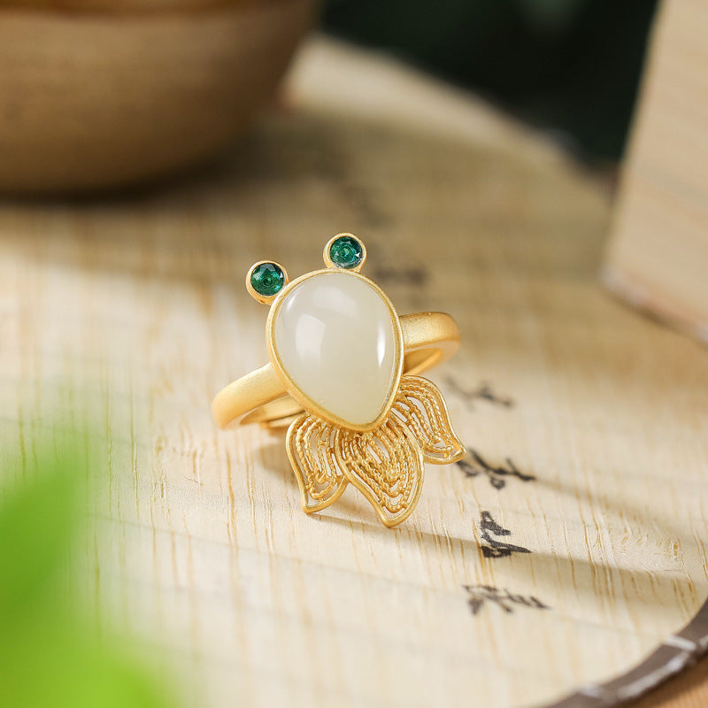 S925 sterling silver gold-plated natural Hetian white jade goldfish ring Temperament open adjustable ring