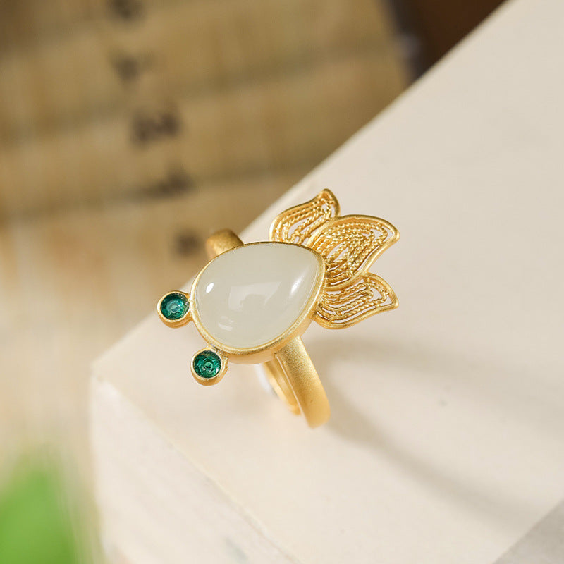 S925 sterling silver gold-plated natural Hetian white jade goldfish ring Temperament open adjustable ring